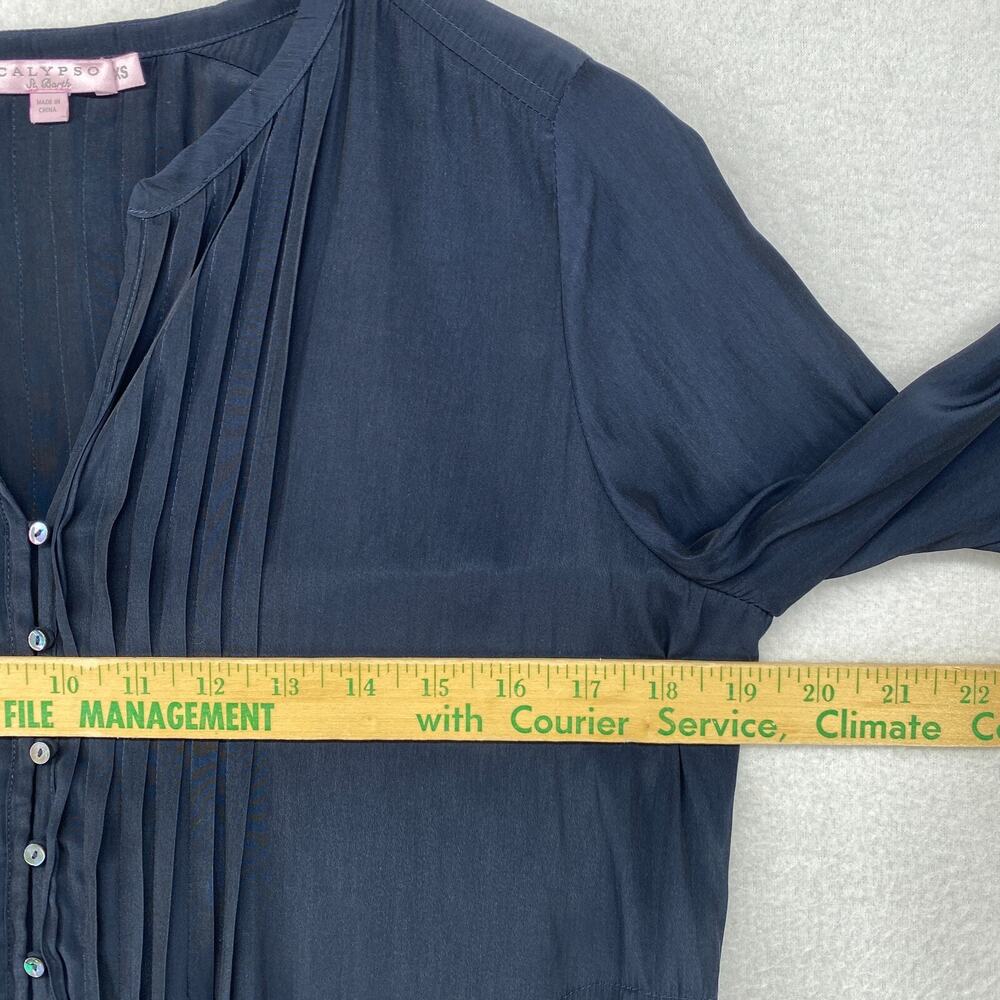 CALYPSO ST BARTH Top XS Satin Tunic Blouse Pintuck Popover Long Sleeve Blue - Picture 10 of 12